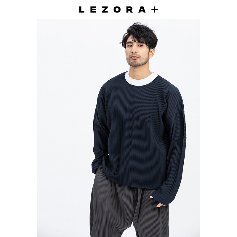 LEZORA日本宅家面料 褶皱宽松上衣落肩圆领春秋款长袖t恤男打底