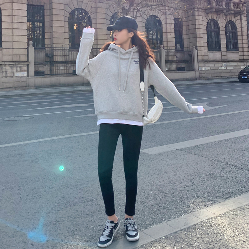 灰色假两件连帽卫衣2021新款女秋冬加绒加厚宽松小个子上衣ins潮