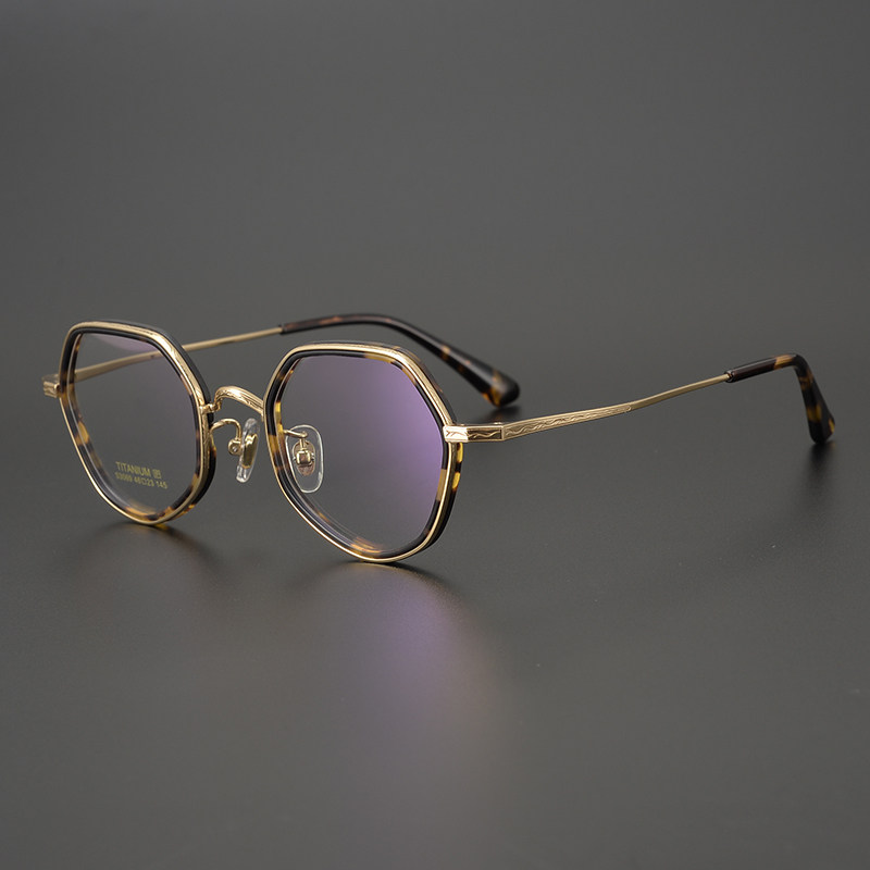 眼镜日本设计师手工不规则形状镜框精美雕花中金眼镜架