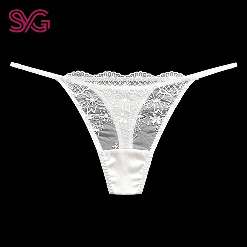 一夜千丝女内裤桑蚕丝性感丁字裤低腰无痕一根带刺绣花女内衣