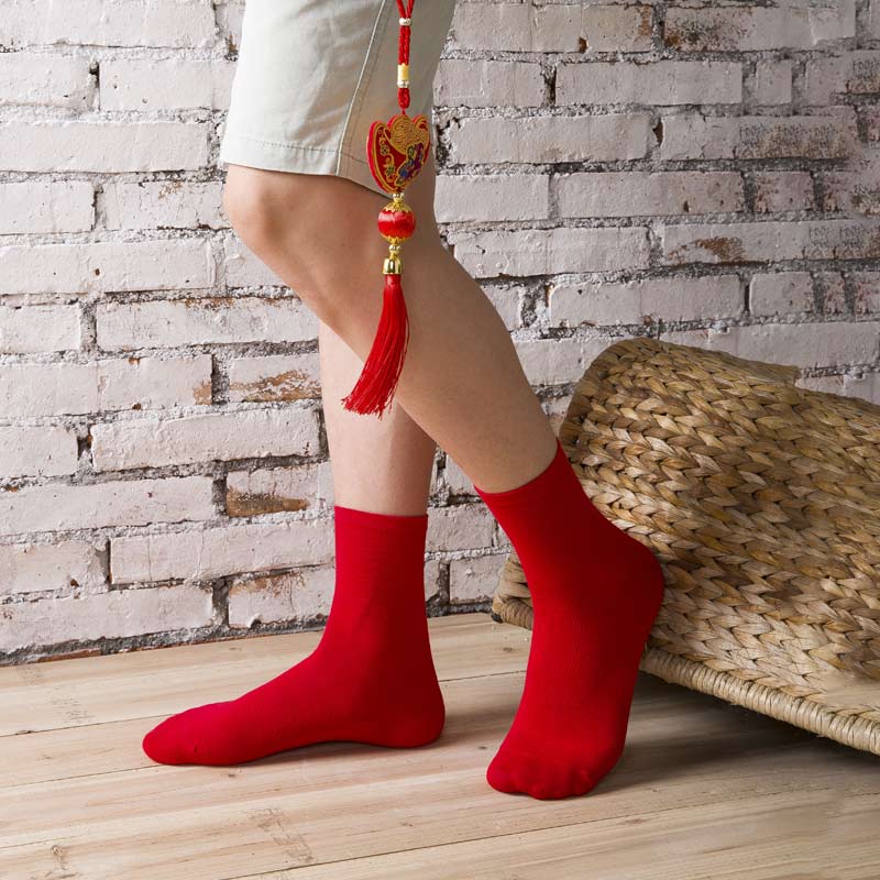 红袜子踩小人男中筒春秋纯棉短筒袜子狗年结婚红色男袜本命年
