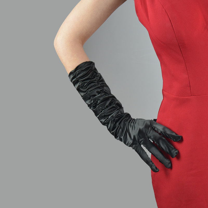 包邮丝绸手套38cm褶皱弹性丝光珠光绸缎黑色手套