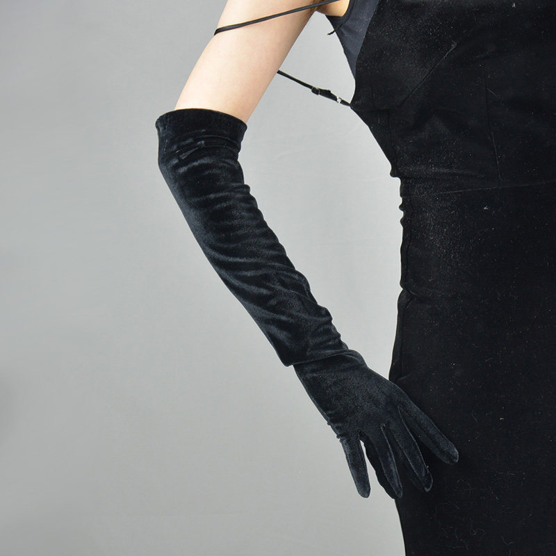 触控天鹅绒黑色弹力高弹力丝绒礼服晚会复古50cm手套