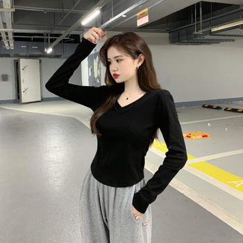 ເສື້ອຍືດແຂນຍາວທີ່ມີຄໍ V-neck chic ສໍາລັບແມ່ຍິງໃນດູໃບໄມ້ລົ່ນ irregular slim fit ເຊື່ອງໄວ້ເນື້ອຫນັງ slimming ເສື້ອຢືດລຸ່ມກັບເທິງ