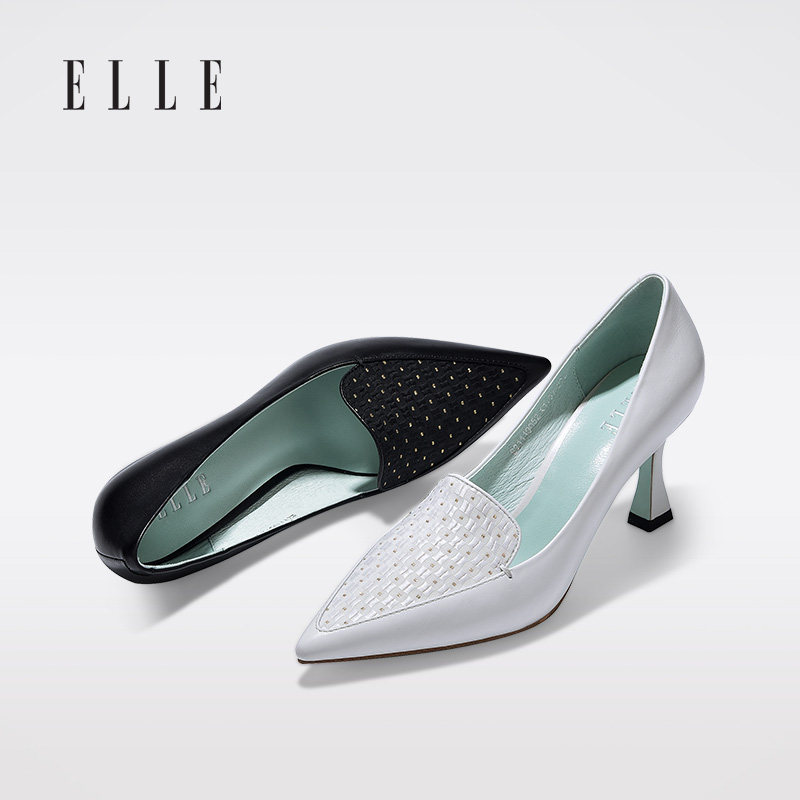 elle真皮黑色简约波点高跟鞋2021夏季新款小香风单鞋