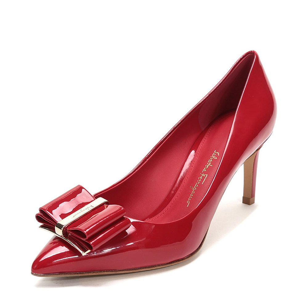 ferragamo菲拉格慕红色漆皮大气蝴蝶结装饰尖头女士高跟鞋时装凉鞋