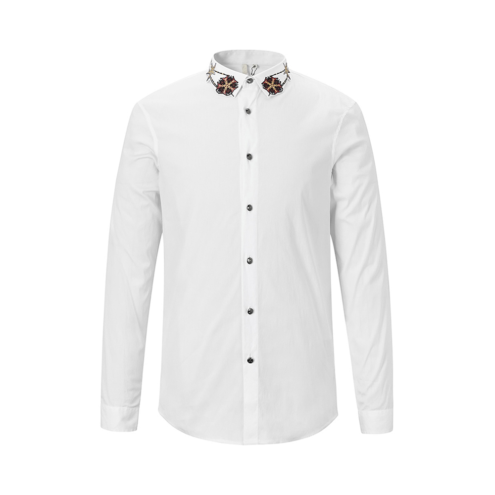 creazioni白色刺绣翻领男士长袖衬衫衬衫