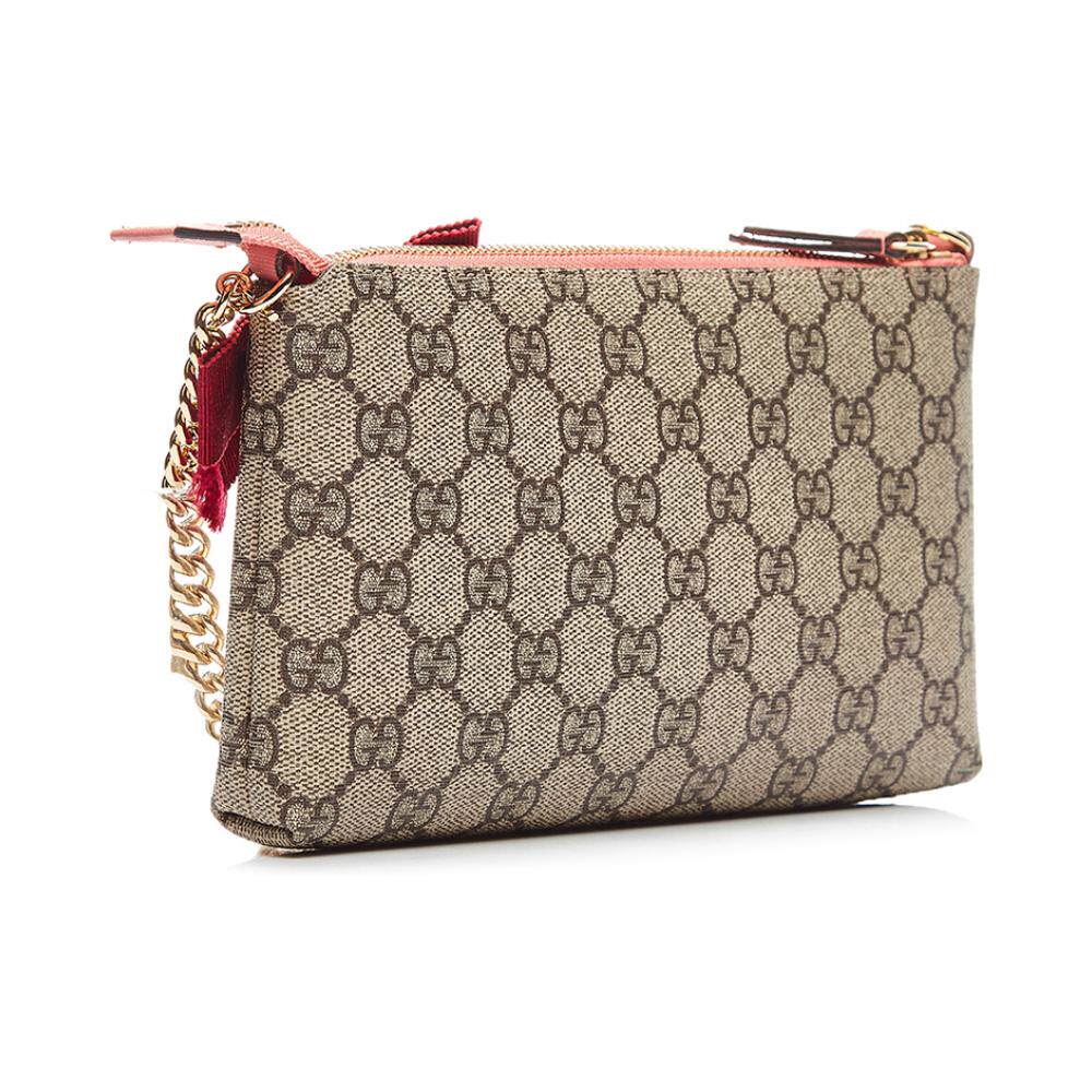 gucci/古驰 2018春夏棕色双g印花蝴蝶结金属铆钉刺绣链条钱包女包