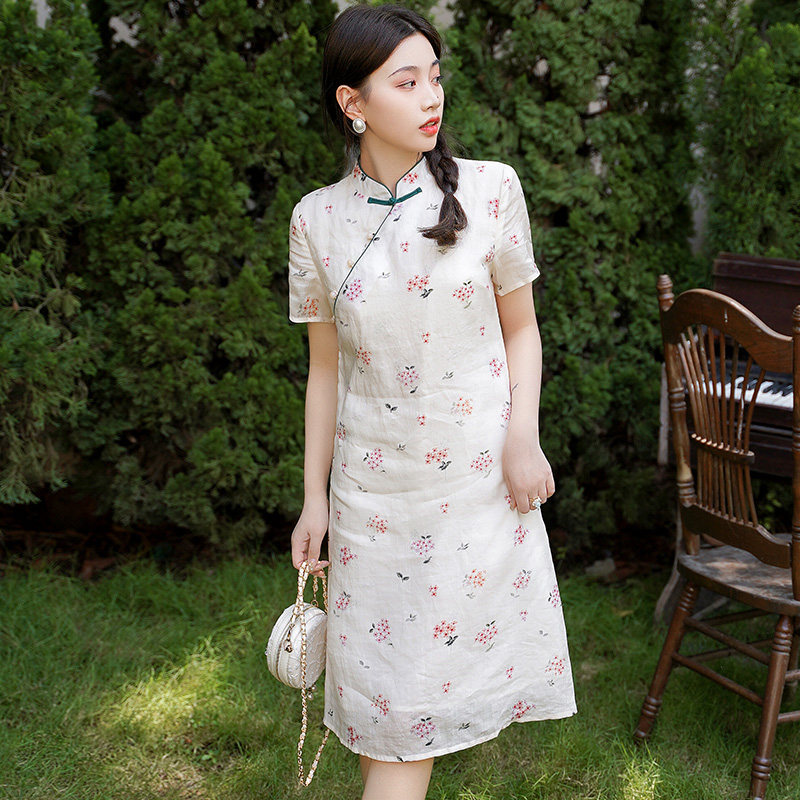 复古温婉中式改良立领斜襟花色苎麻旗袍日常旗袍