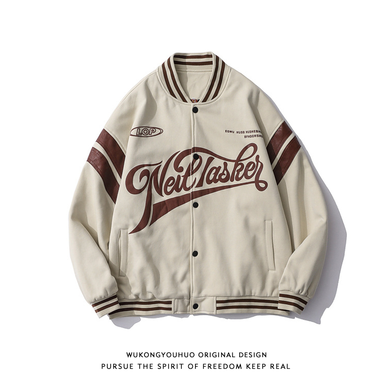 悟空有货美式复古字母印花棒球服外套男潮牌街头宽松情侣休闲夹克