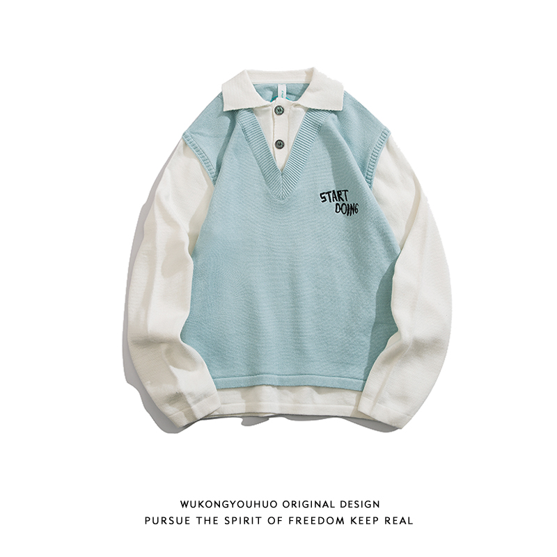 悟空有货ins复古假两件针织衫男潮牌bf学院风宽松情侣翻领毛线衫