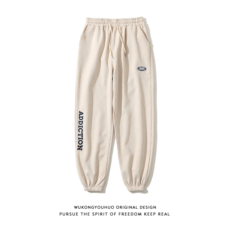 悟空有货日系复古简约刺绣灯芯绒束脚裤男潮牌街头宽松休闲运动裤