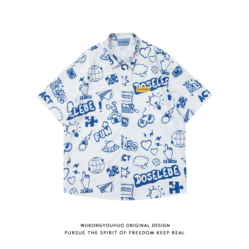 悟空有货街头趣味满印短袖衬衫男女潮牌街头bf慵懒风情侣休闲衬衣