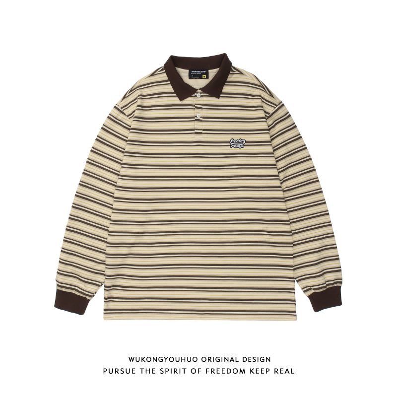 悟空有货复古拼色条纹长袖POLO衫男潮牌日系街头bf风宽松情侣卫衣