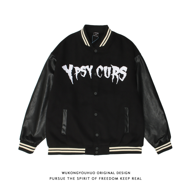 悟空有货欧美嘻哈PU皮拼接棒球服外套男潮牌街头宽松情侣休闲夹克