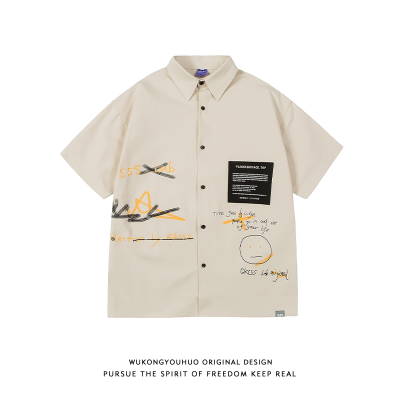 悟空有货涂鸦工装短袖衬衣男潮牌日系复古宽松bf情侣休闲衬衫外套