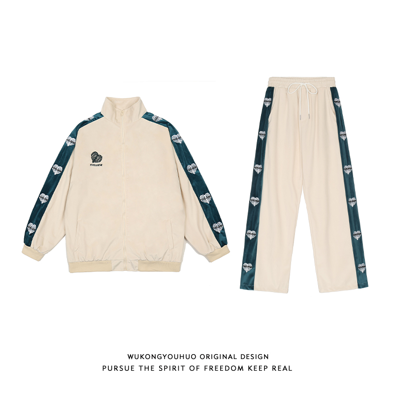 悟空有货嘻哈爱心刺绣拼接运动休闲套装男潮牌bf宽松夹克百搭长裤