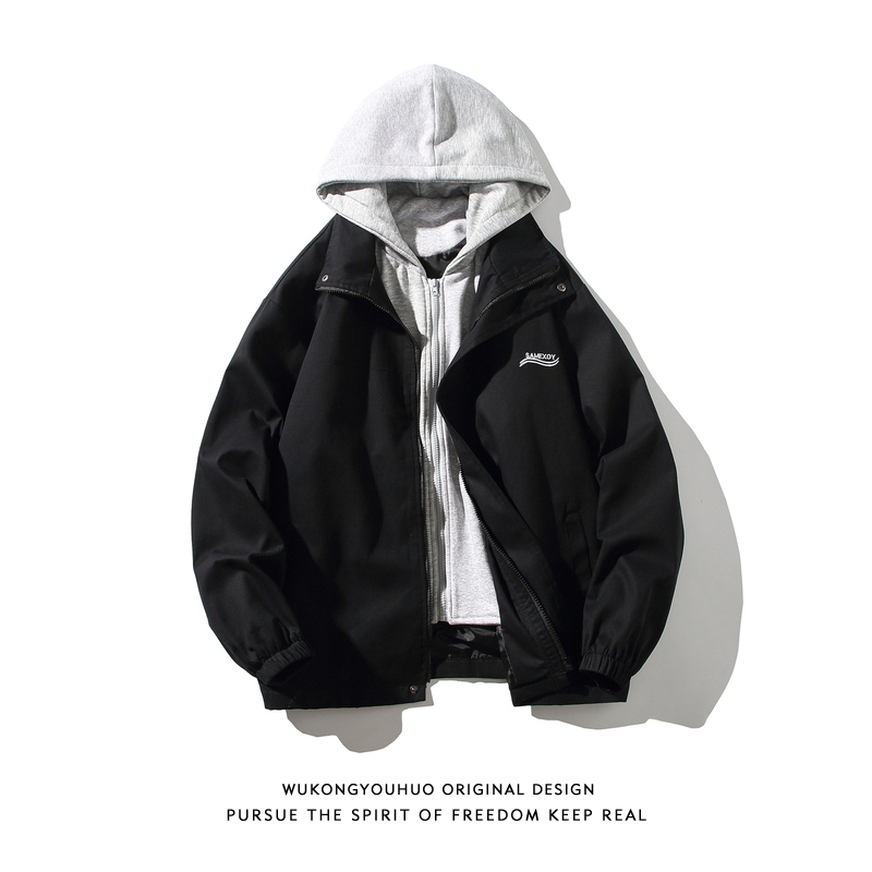 悟空有货假两件拼接连帽夹克男潮牌复古宽松百搭情侣工装休闲外套