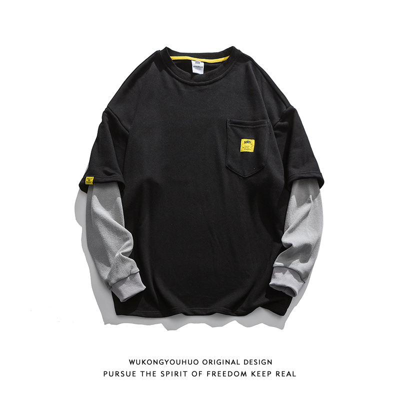 悟空有货秋季简约拼色假两件圆领卫衣男潮牌宽松情侣休闲百搭上衣