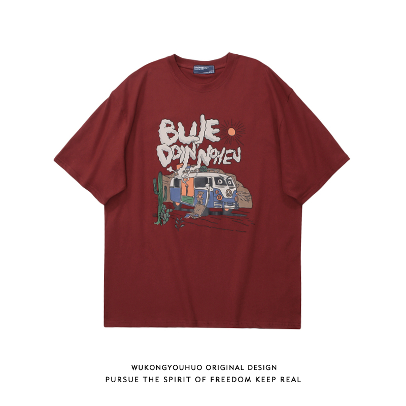 悟空有货美式复古趣味印花短袖T恤男潮牌宽松情侣休闲半袖体恤衫