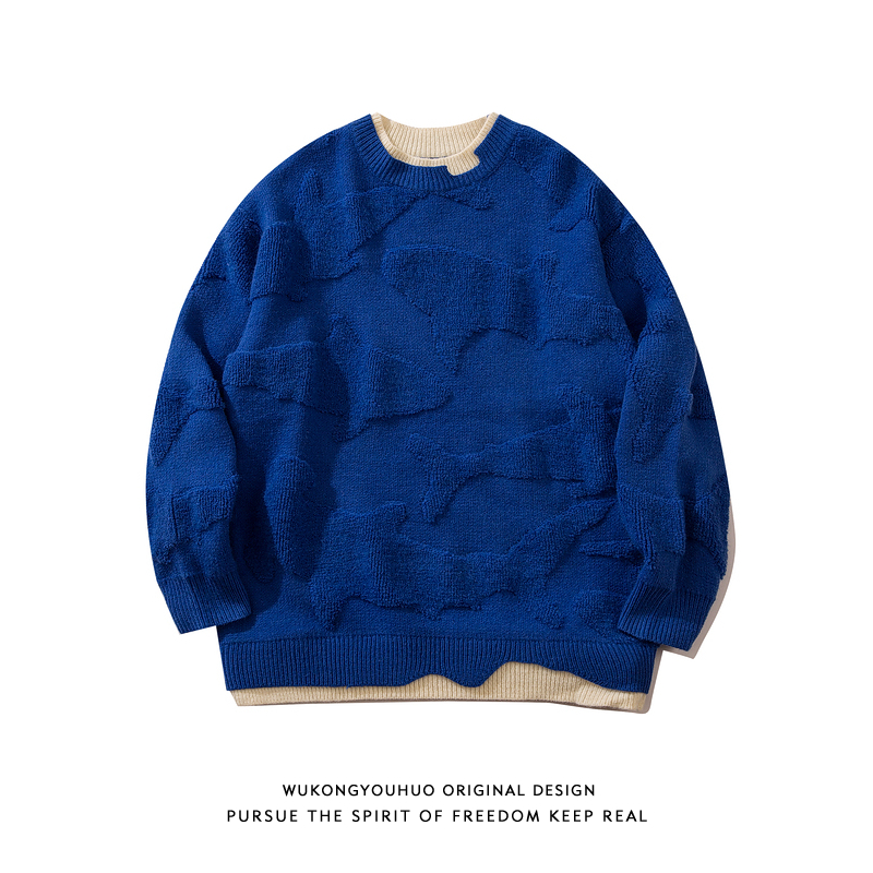 悟空有货日系假两件针织衫上衣男女ins潮牌宽松克莱因蓝圆领毛衣