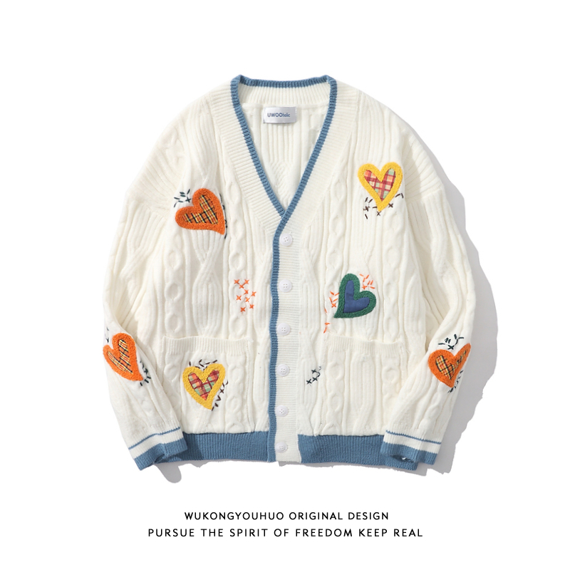 悟空有货ins爱心提花开衫毛衣外套男复古潮牌宽松情侣休闲针织衫