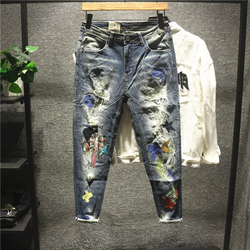 Hi man欧洲站美式经典高定工艺绣花补丁牛仔裤男士潮流乞丐小脚裤