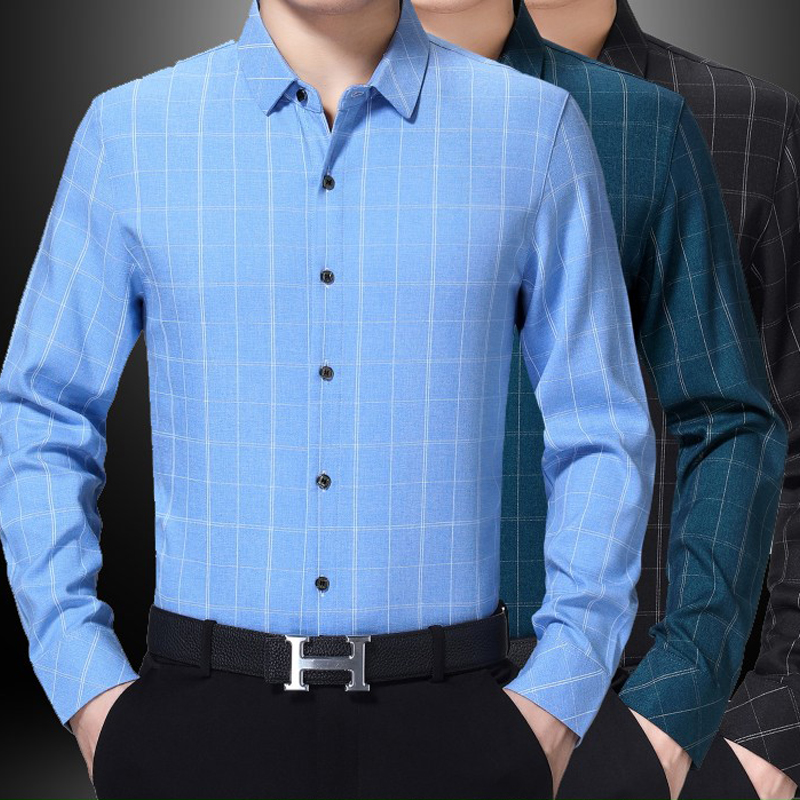 鄂尔多斯市羊绒长袖衬衣男中年爸爸格子衬衫商务休闲春秋高档寸衫