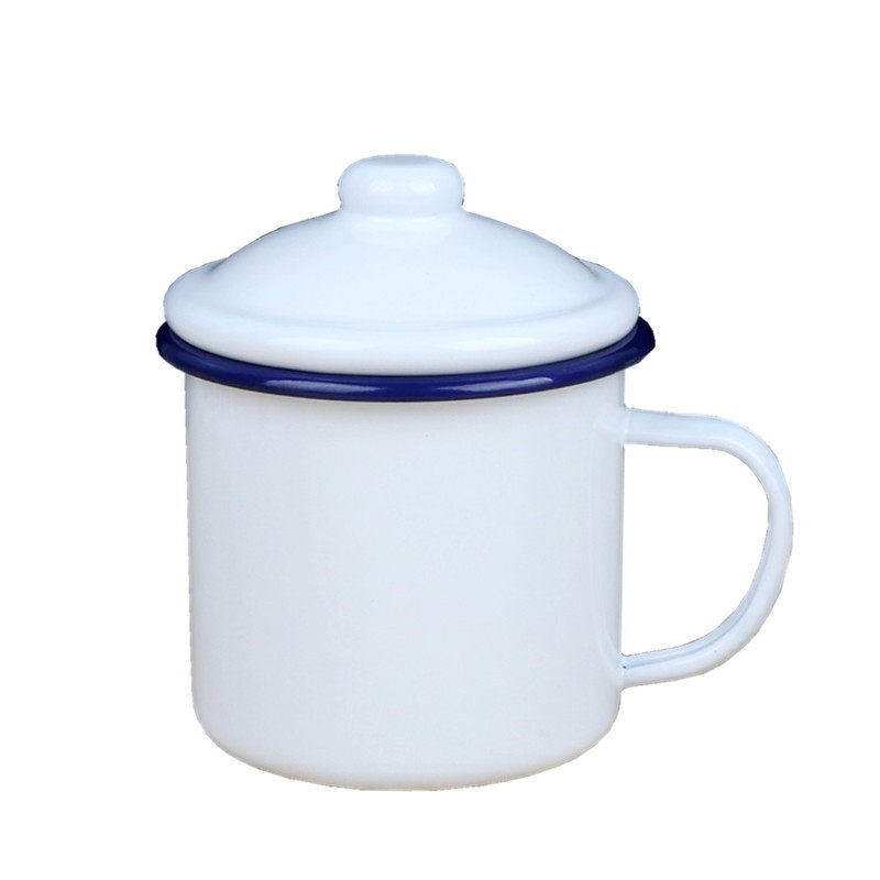 搪瓷特厚翻边瓷杯白色水杯盖杯牛奶奶杯泡茶马克杯