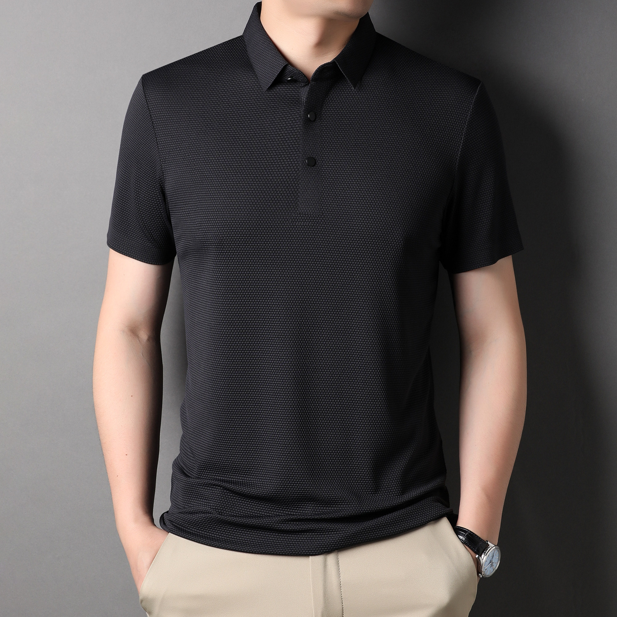 罗蒙冰丝短袖t恤男夏季薄款纯色无痕速干商务休闲polo衫爸爸装