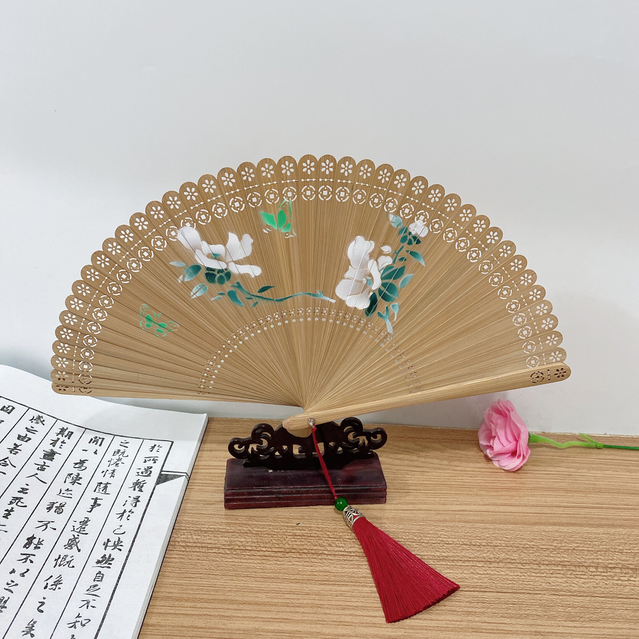 工艺折扇全竹女雕花镂空流苏苏中国风礼品艺全工艺扇