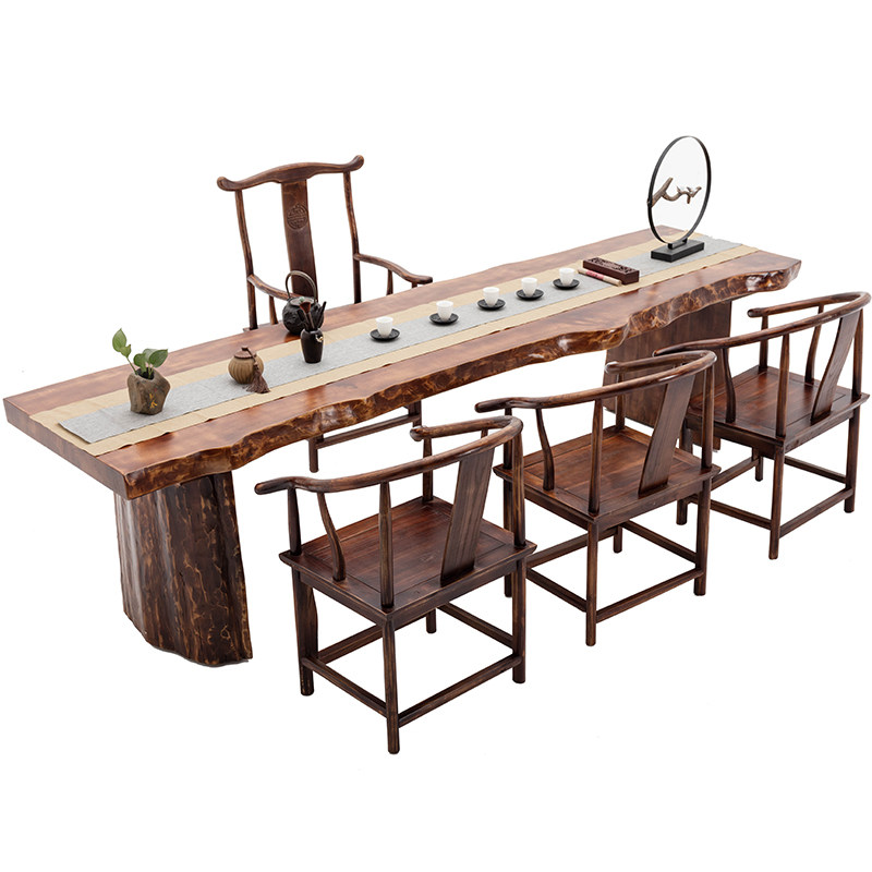 新中式实木原木大板桌老板桌台仿古喝茶艺茶几禅意功夫茶桌椅组合