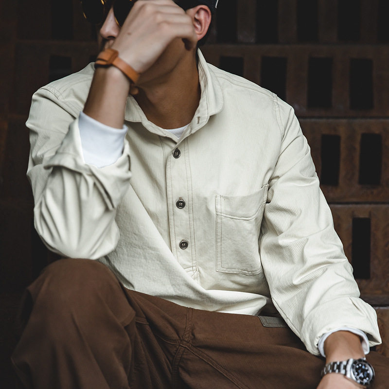 马登工装美式复古白色纽扣亨利长袖衬衫高品质衬衫