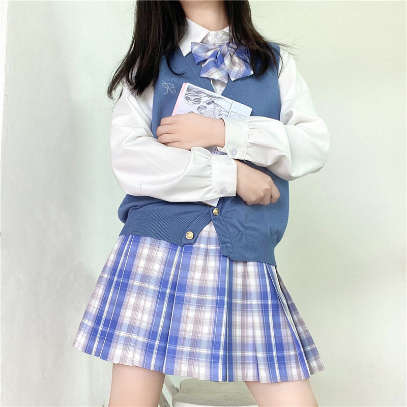 白瑾iqcq气球熊jk制服原创现货蓝白格子半身学生校服