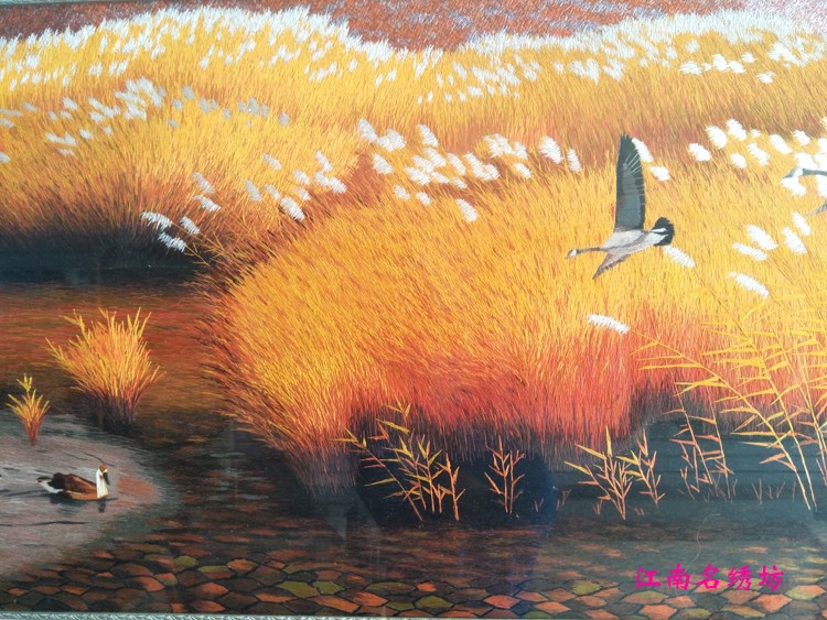 江南乱针芦苇金芦苇风景画油画名绣装饰画客厅家庭苏绣