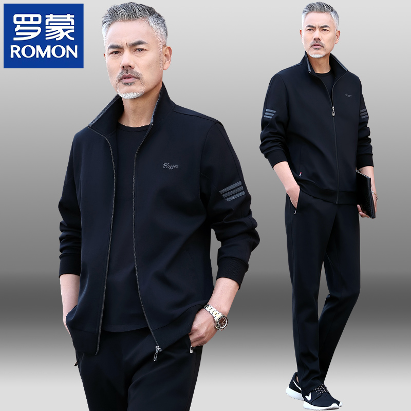 罗蒙名牌中年休闲套装男春秋装新款爸爸装三件套中老年人运动衣服