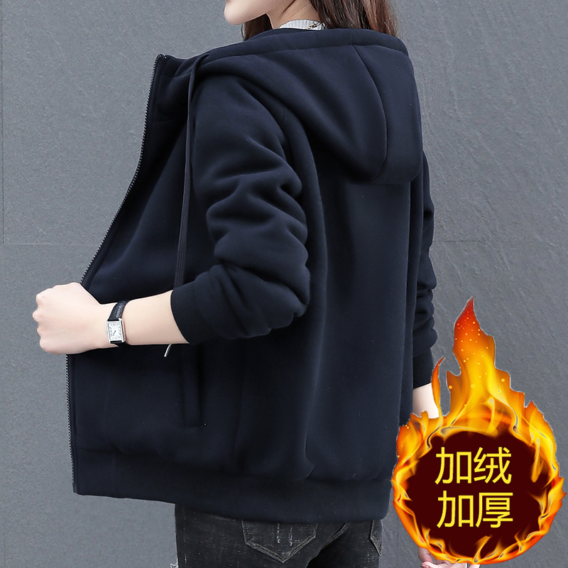 加绒卫衣女连帽小个子春秋冬季2022新款韩版纯棉加厚运动开衫外套
