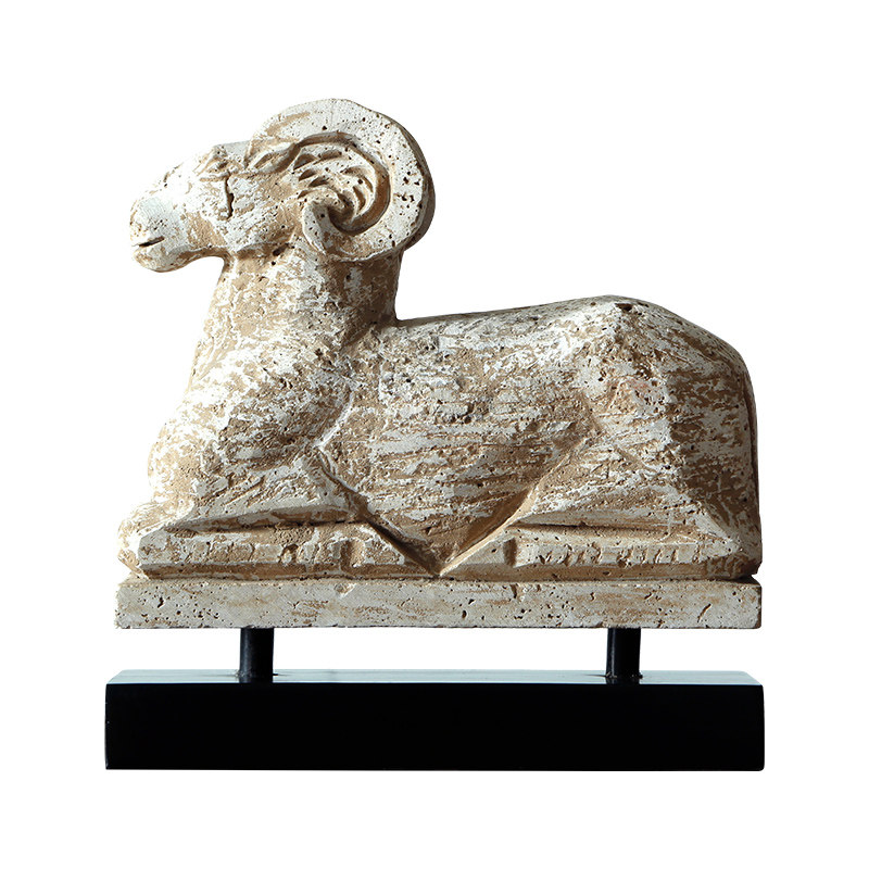 华伦家具2019新款风化化石羊带工艺品家居家居装饰摆件