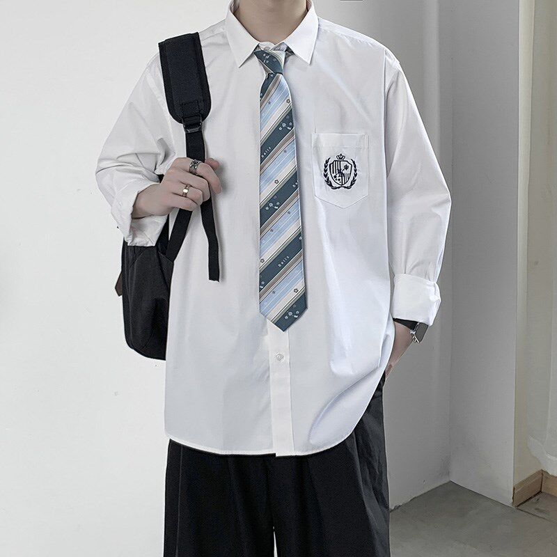 dk制服全套男生学院风长袖白衬衫宽松领带日系学生高校jk衬衣班服