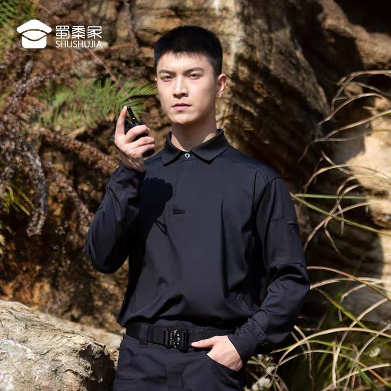 蜀黍家多功能战术polo秋冬长袖翻领宽松户外运动透气polo衫