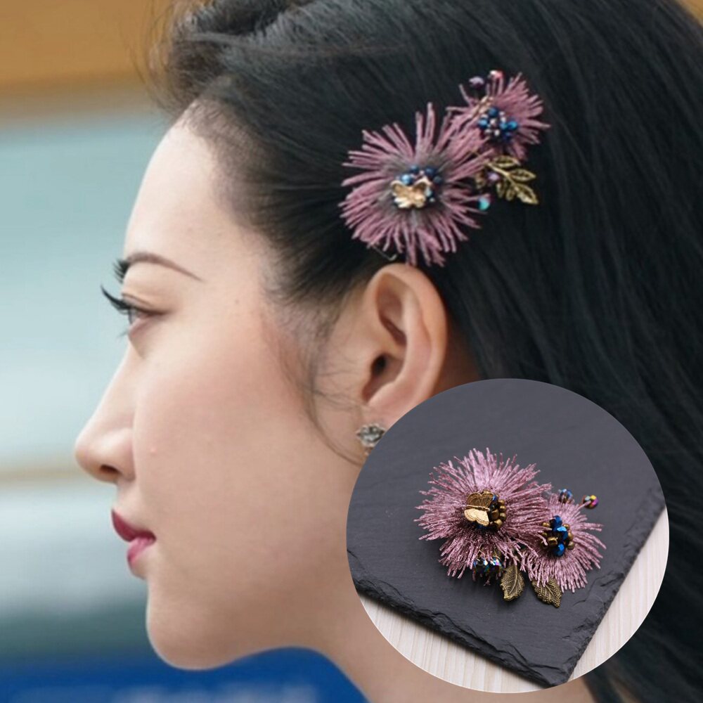 景甜司藤同款发饰发夹侧边夹菊花朵刺绣复古发饰