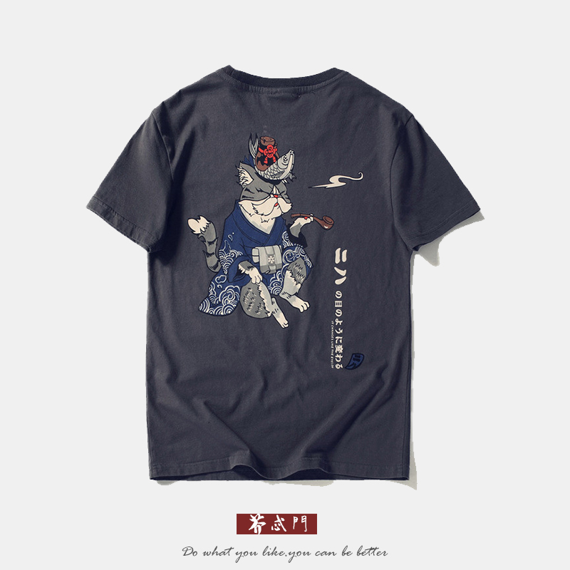 夏季日系复古短袖男纯棉宽松潮牌T恤卡通猫老大印花原宿风ins半袖