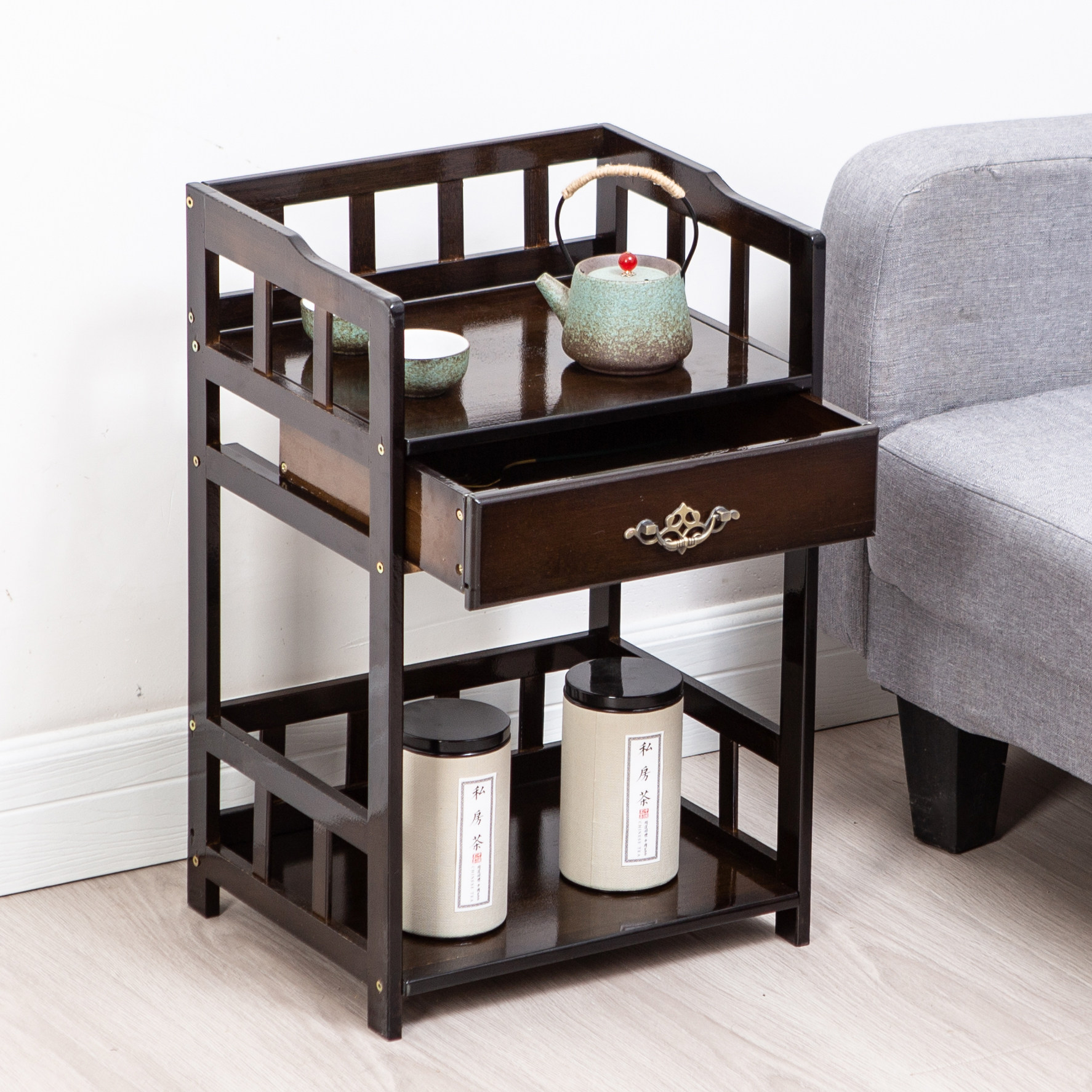 客厅实木沙发简约茶桌茶台烧水壶置物架子家用角几