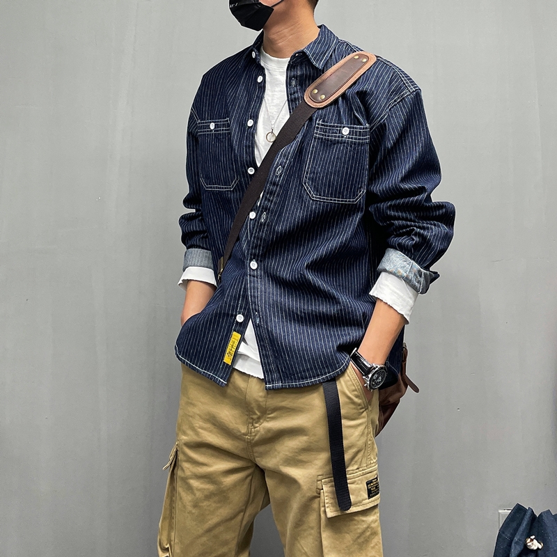美式复古休闲宽松落肩条纹牛仔长袖衬衫秋冬男装厚衬衣大码外套