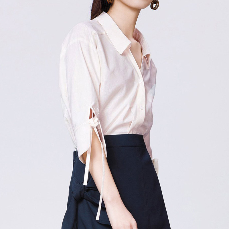 开口中袖女式单排系带袖口新款通勤休闲韩系衬衫