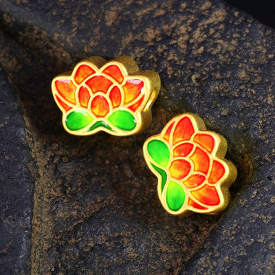 黄金烧蓝珐琅荷花莲花转运珠国潮足金999串珠可diy编绳纯金配件女