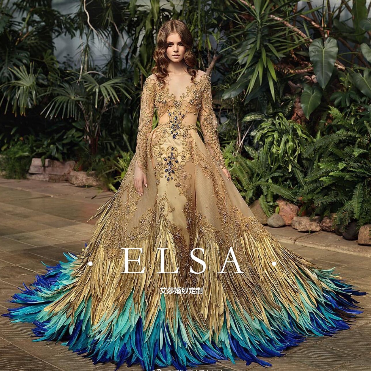 迪拜奢华手工定制婚纱金色羽毛长袖长拖尾婚纱礼服婚纱