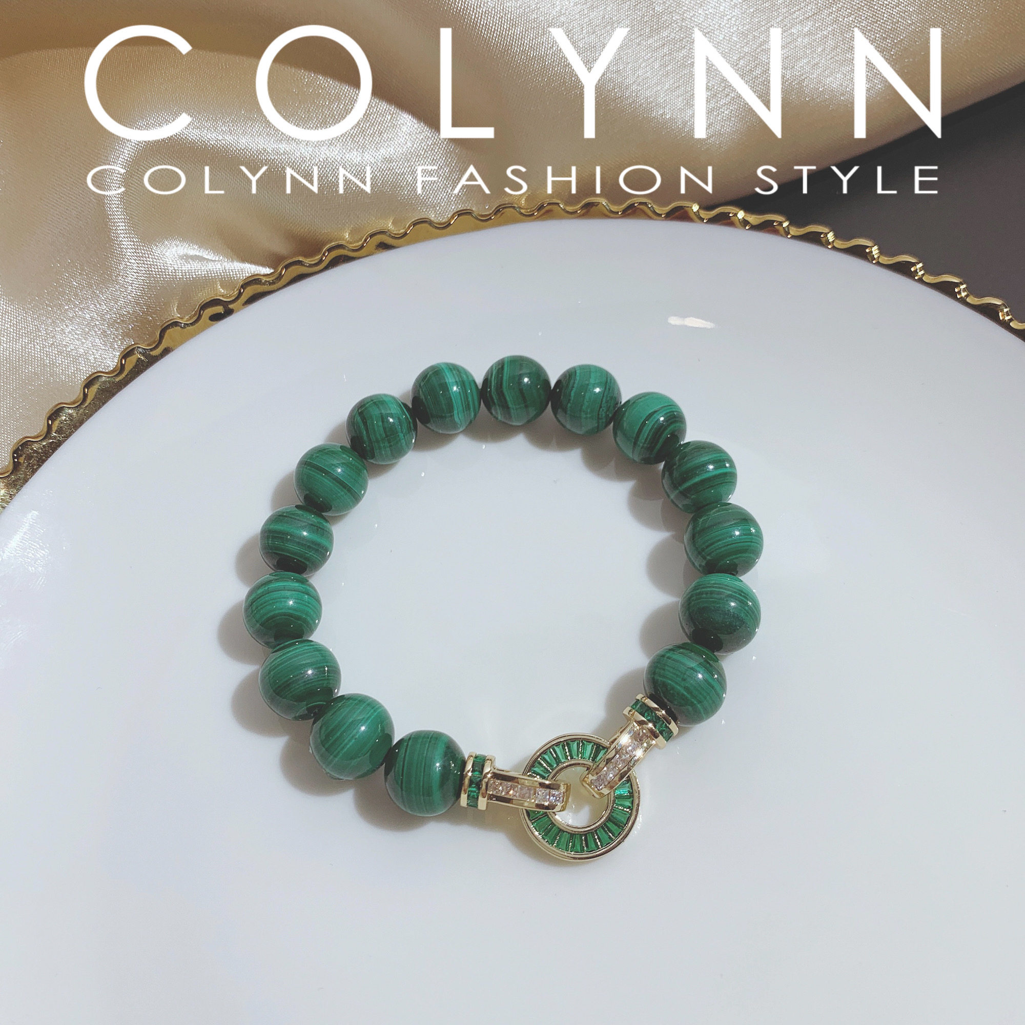 colynn蔻琳天然绿色孔雀石手链千层纹单圈水晶手串手链
