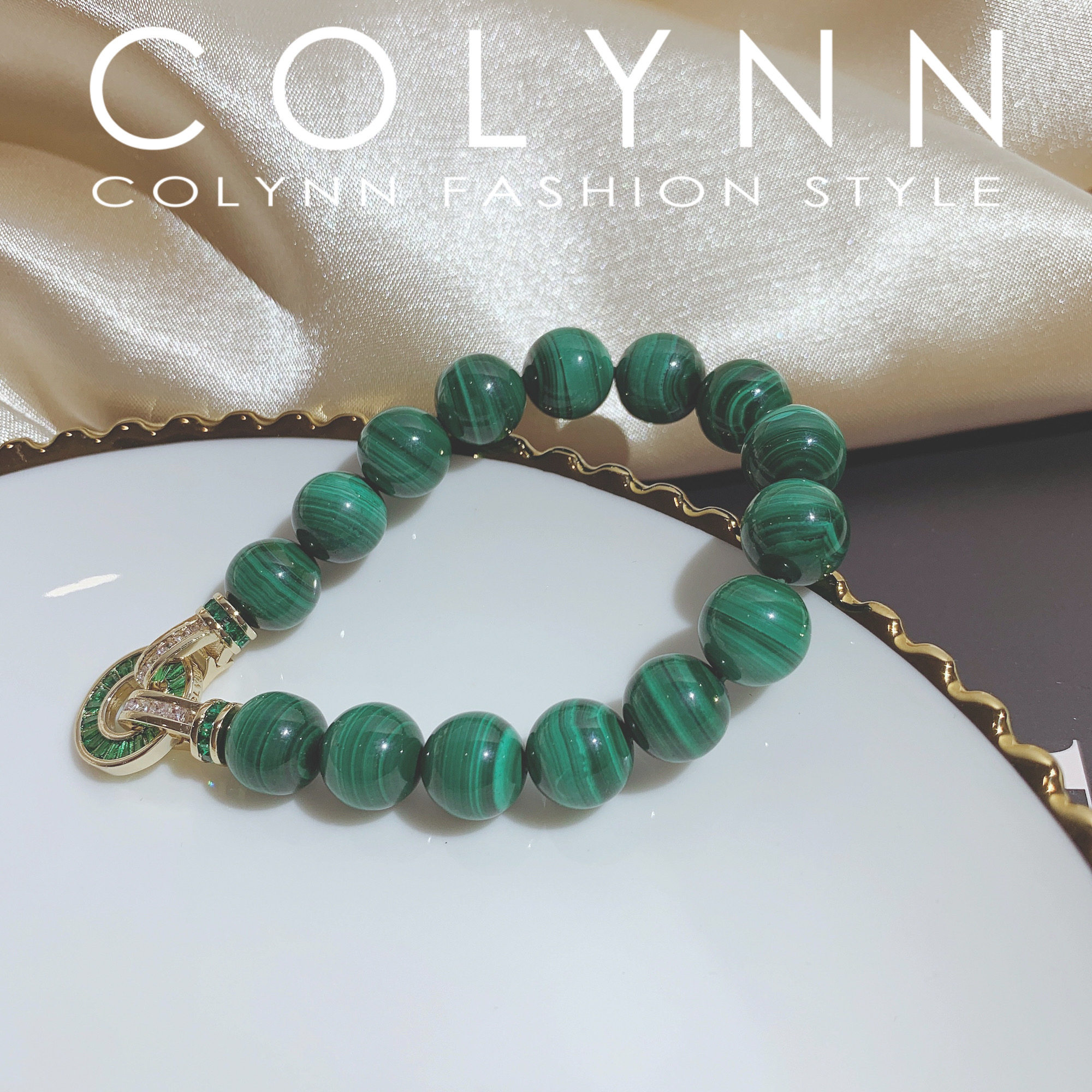 colynn蔻琳天然绿色孔雀石手链千层纹单圈水晶手串手链