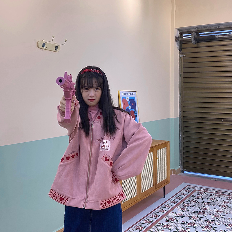 花猪商店原创 粉色外套女2022年新款秋季甜美宽松百搭麂皮棒球服